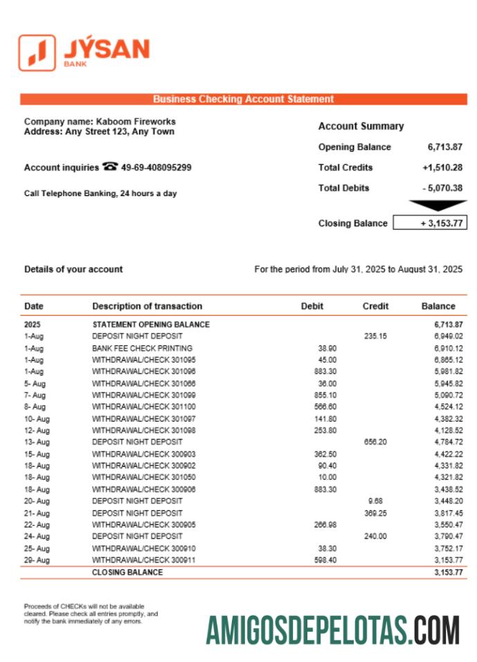 Declaração da empresa First Heartland Jusan Bank em formato Word e PDF exemplo real